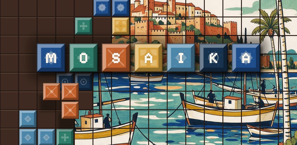 Mosaika: el logo de azulejos sobre un mosaico mediterráneo a medio restaurar